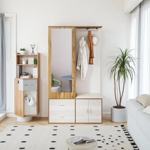 Moimhear Garderobenset, 100x38x180cm, mit Spiegel, Schuhschrank, Schuhbank mit Haken und ausziehbarer Kleiderstange, Geeignet für Flure und Schlafzimmer, Flurschrank (Weiß + Holzfarbe)