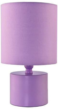 Happy Homewares Modern Soft Lilac Glossy Bedside Table Lamp with Cotton Fabric Drum Shade | 23cm x 13m | 1 x 7w | Inline Cable Switch Button