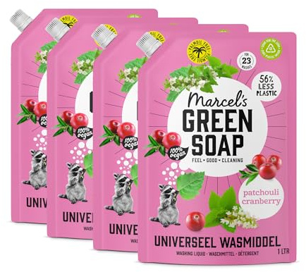 Marcel's Green Soap Universalwaschmittel Nachfüllbeutel Patschuli & Cranberry - Nachfüllpackung - Weiße und bunte Wäsche - Vegan - Mikroplastikfreie Formel - 92 Waschgänge - 1L (4er Pack)
