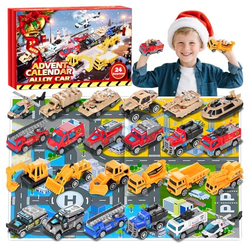 Calendrier de l'Avent 2026 en alliage avec jouets de voiture pour enfants, calendrier de l'Avent compte à rebours pour garçons et filles, cadeaux de 3 ans et plus