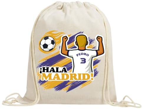 xulisimo Mochila saco personalizada para equipos de fútbol en algodón orgánico, con nombre, dorsal, género y pelo, ligera y resistente hasta 9 kg, ideal para niños y adultos (Madrid, Chico)