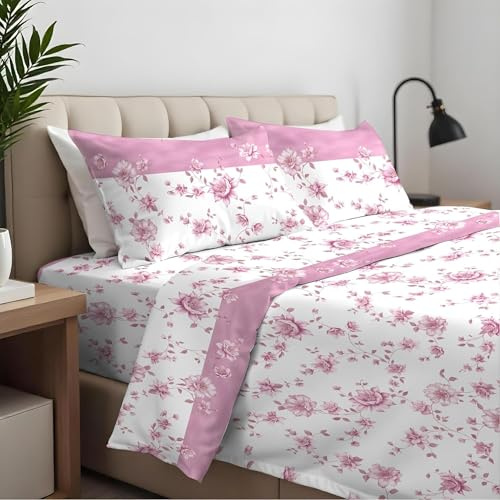 CLARA HOME Lenzuola Completo Letto Matrimoniale Colore Sailor Rosa, Lenzuola Elasticizzate per Tutte le Stagioni, Completo di Federe per Guanciali
