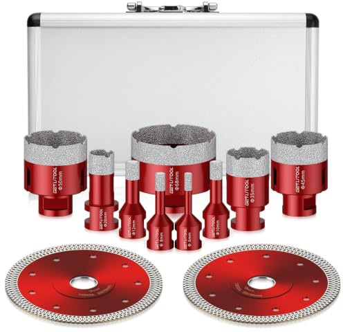 GETLITOOL 11tlg Diamant Fliesenbohrer Set 6-68mm, 125mm Trennscheibe, Diamant Lochsägeset für Porzellan Fliese Granit Marmor Nass-&Trockenbohren, Diamantbohrer M14 Gewinde für Winkelschleifer