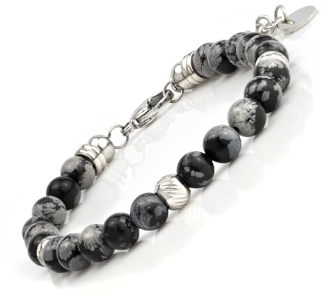 SAGA GIOIELLI® Bracciale Uomo Donna - Unisex con pietre dure in ossidiana fiocco di neve Aulite Turchese - Lunghezza 18,5-22 cm - Confezione regalo - Unisex (OSSIDIANA OCCHIO DI NEVE)