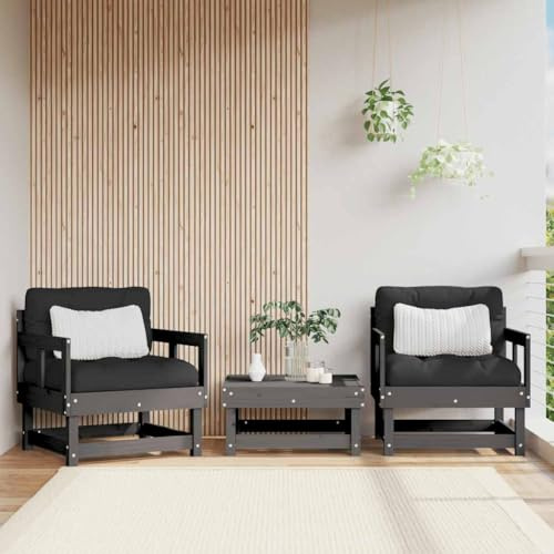 IBUQDDV Gartenstühle mit Kissen 2 STK. Grau aus Massivholz Kiefer, Robuste Holzstühle mit Polster für Terrasse und Garten, Bequeme Sitzmöbel mit Armlehnen, Wetterfeste Outdoor Möbel,
