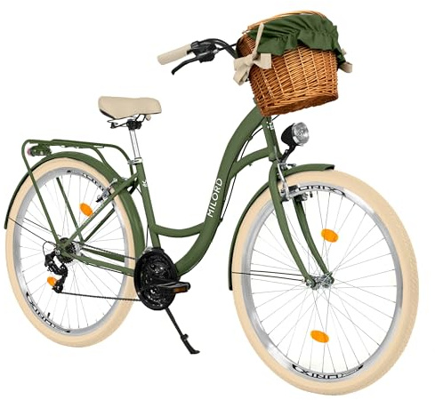 MILORD Damenfahrrad Citybike Komfort Mit Weidenkorb Hollandrad Vintage Fahrrad, 26, 28 Zoll, 21-Gang
