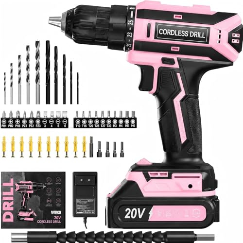 Perceuse Visseuse Sans Fil, Tournevis électrique sans fil 20V avec 25+1 Couple, Visseuse Devisseuse Couple maximal 42Nm, Lampe LED de Travail, Kit de Perceuse-visseuse de 56 pièces, Adapté DIY, Rose