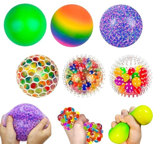 6PCS Squeeze Stress Balls, Rainbow Colour Changing Sensory Fidget Toys | Mesh Stress Relief Balls for Kids & Adults, Anxiety Relief, Fun Toy & Stocking Filler