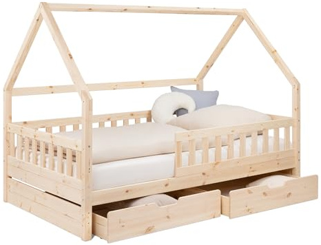 Ehrenkind® Hausbett 120x200 cm mit 2 Schubladen aus Kiefer, Kinderbett & Bodenbett mit Rausfallschutz und Rollrost, Montessori Bett