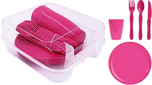 matrasa Campinggeschirr Picknick Geschirr Set für 6 Personen inkl Becher Teller Besteck pink