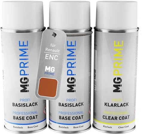 MG PRIME Autolack Sprühdosen Set für Renault ENC Etincelle Nacre Metallic/Funken Orange Grundlack Basislack Klarlack Spraydose 400ml