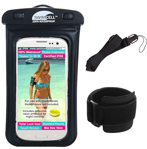 Waterproof Phone Holder For Running & Swimming- Headphone Jack - Large | Waterproof Phone Case With Armband and Neck Lanyard for iPhone and Android up to 15cm. For Use With Headphones Not Included