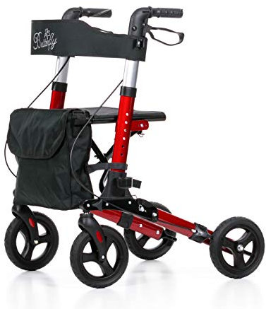 REHASHOP Leichtgewichtrollator Butterfly rot mit Softbereifung und Stockhalter - Faltbar und Leicht