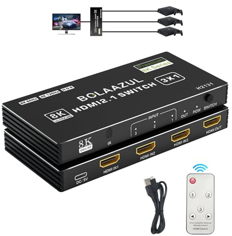 8K HDMI 2.1 Switch 4K 120Hz, Bolaazul HDMI Umschalter 3 in 1 Out 8K@60Hz 4K@120Hz 2K@144Hz, HDMI 2.1 Splitter 3-Port mit IR Fernbedienung, HDMI 5x1 HDR, 48GBPS, CEC, Dolby Vision für Xbox PS5 PC TV