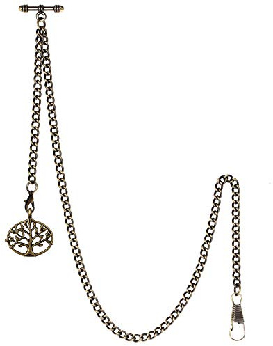 TREEWETO Taschenuhrkette mit T Bar Endstück Albert T-Bar Taschenuhr Kette mit Antiker Lebensbaum Anhänger und 2 Haken für Weste Knopfloch