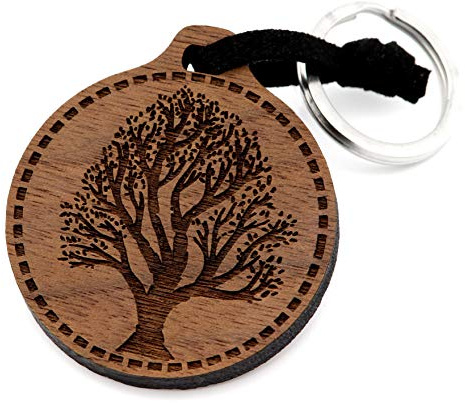 NaturSchatulle Schlüsselanhänger aus Holz mit Gravur Lebensbaum Nussbaumholz mit Edelstahl Schlüsselring Band Schlüsselbund Geschenkidee
