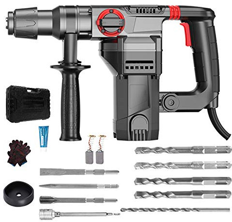 Marteau Perforateur Démolisseur Burineur Avec Gants, 1600W Marteau De Perçage De Haute Résistance, Mandrin SDS-Plus, Marteau Piqueur Avec Accessoires Et Coffret,Practical