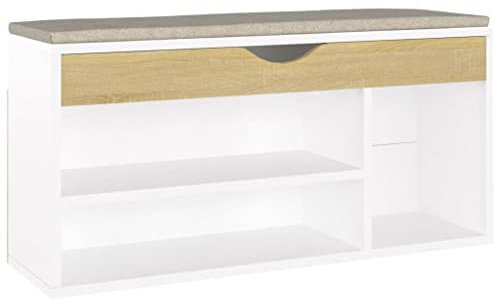 vidaXL Schuhbank mit Kissen Schuhschrank Sitzbank Sitztruhe Schuhablage Schuhregal Schuhtruhe Schuhaufbewahrung Schuhständer Weiß Sonoma-Eiche 104x30x49cm Holzwerkstoff