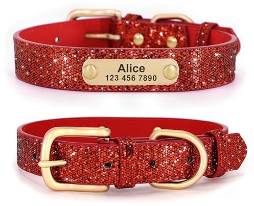 Didog Glitzer-Hundehalsband, personalisierbar, PU-Leder mit glitzernden Pailletten, personalisierbares Hundehalsband mit graviertem Namensschild für kleine, mittelgroße Hunde und Katzen, Rot, L