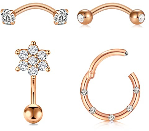 Rajnard Piercing Rook Daith Piercing Sopracciglio 16G Acciaio Chirurgico con Fiore Diamante Piercing al Sopracciglio Rook Piercing Oro Rosa
