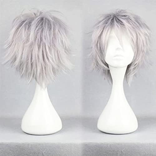 Anime Cosplay Perücke Kurze Perücken Silber Grau für Frauen / Männer Synthetische Gerade Fancy Dress Perücke Gewellt Glatt Geschichtete Flauschige Halloween Kostüm Party Perücke mit Gratis Mütze