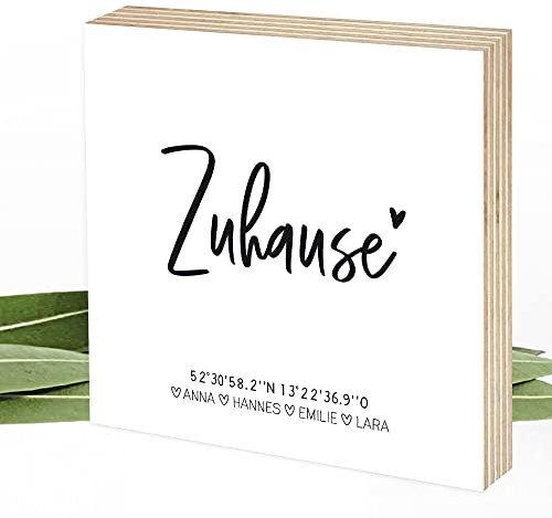 Wunderpixel® Holzbild Zuhause Koordinaten - personalisiert - 15x15x2cm zum Hinstellen/Aufhängen, echter Fotodruck auf Holz - Wand-Bild Aufsteller Zuhause Dekoration Geschenk-Idee Familie