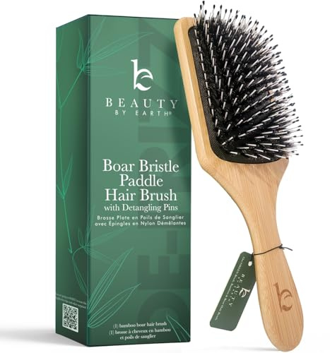 Boar Bristle Paddle Hair Brush - Smoothing Wood Brush for Thick, Curly & Wavy Hair, Detangling Natural Bristles for Women, Stimulates Scalp