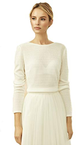 Bianco Evento Brautpullover Brautpulli Brautstola Stola Cape Braut Pullover Kashmir Effekt tiefer Rückenausschnitt Brautjackelangarm Hochzeit Winter Cape Ivory NEU (42)