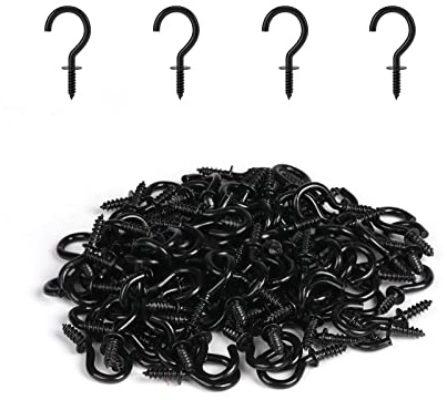 RELBRO 100 Stück kleine Schraubhaken, 1,27 cm schwarze Mini-Schmuckhaken, winzige Metallschrauben, Holzdecken-Wandhaken für Schmuck, Handwerk, Schlüssel, Kappen, Pflanzen, Lichterketten, Windspiel
