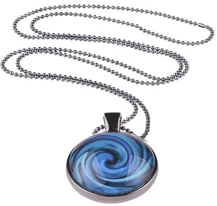Adi-Modeschmuck lange Halskette 'Senta', farbige graphische Motive unter Glas Cabochons in einem schwarzen Anhänger, schwarze Edelstahl Kugelkette, handgefertigt in Berlin (Blau)