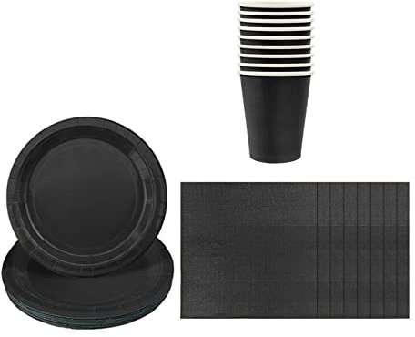 Solid Color Black Tableware Set Decor,20 Paper Napkins 16 Paper Cups 16 Paper Plates in Black,Disposable Paper Tableware Birthday Decorations for Him,Her,Men,Women,Adults Party,Kids Party
