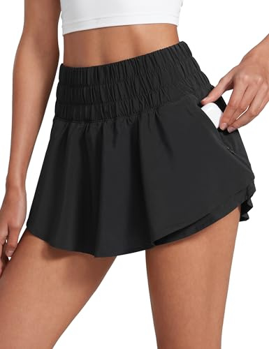 CRZ YOGA Ruffle Skirt Overlay Athletic Shorts for Women - High Waisted Flowy for Workout Running Tennis with Zip Pocket Black Large