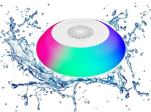 BT Portable IPX7 Waterproof Speaker with RGB Lights, Built in Mic Stereo Hands Free Floating Pool and Hot Tub Device for Shower Home Outdoor