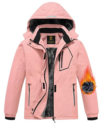 MoFiz Girls Ski Jacket Waterproof Fleece Lined Snowboard Jacket Warm Winter Ski Coat with Removable Hood Pink M