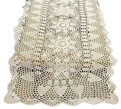 Caminos de Mesa de Encaje de Ganchillo Hechos a Mano de algodón, Mantel Rectangular, tapetes, tocador, Bufanda, decoración (Color : White, Size : 15x35 Inch)