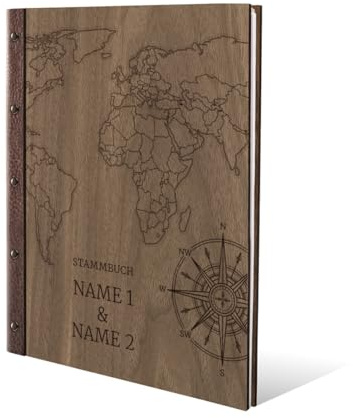 Personalisiertes Stammbuch Hochzeit aus echtem Holz mit Leder Rücken A5 oder A4 inkl. vorgedruckten Seiten - Weltkarte