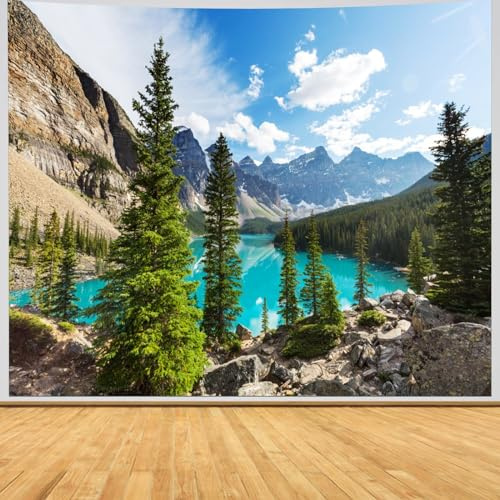 Wycian Wandbehang Berge, Wandteppich Natur Landschaft See Wandtuch xxl Wandtuch Wald Himmel Wolken Stoff Waschbar Frühlingslandschaft Tapisserie 350x256cm