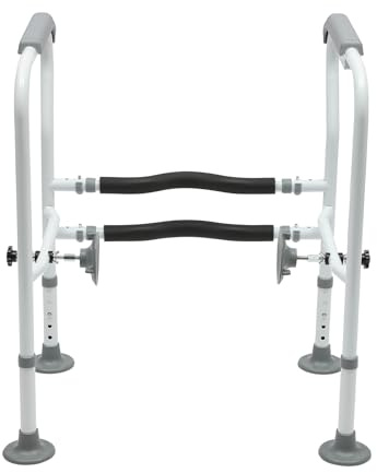 Mobile Aufstehhilfe Toilette Höhenverstellbar Toilettenstützgestell Mit Fußpolstern, Weiß, Kohlenstoffstahl, Belastbar 150kg, Für Senioren, Schwangere, Behinderte (Gewinde Fußpolster)