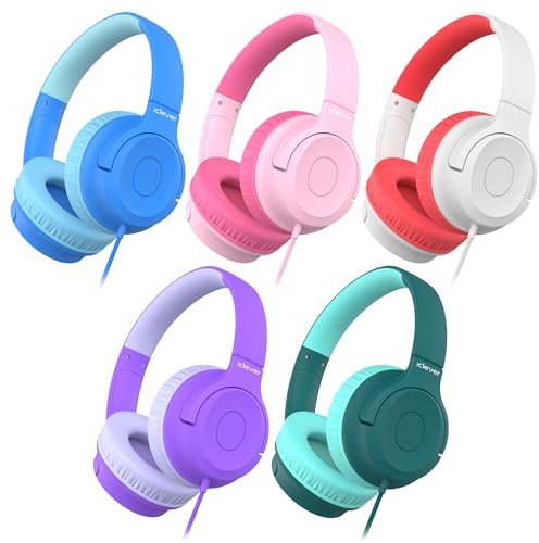 iClever Kids Headphones for School K-12, 85dBA Safe Volume, Tangle Free, 3.5mm Jack, HD Stereo, Swivel Foldable Kids Headphones with Cord for Classroom/Student/Tablets/Laptop, Bulk 5Pack