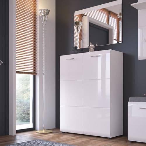 Lomadox Garderoben-Set 2-teilig Schuhschrank und Spiegel weiß Hochglanz | Flurgarderobe im modernen Stil