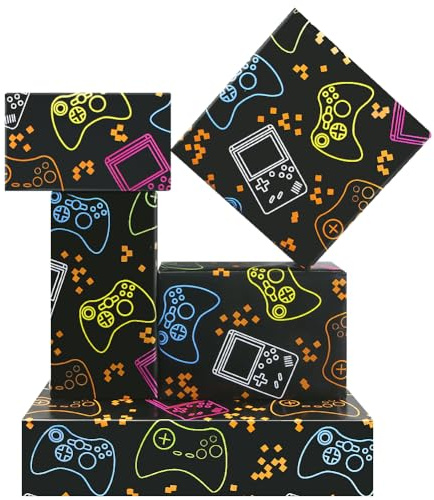 Gaming födelsedag omslagspapper för barn pojkar flickor män, 4 ark videospel design presentförpackning, neonljus spelare omslagspapper vikta platt 50 x 70 cm per ark för födelsedagsfest spel fest