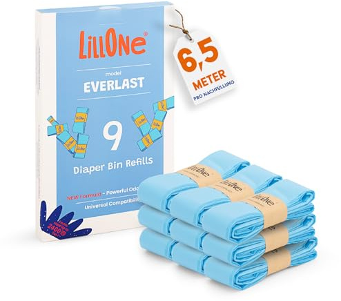 LillOne EVERLAST 9 UNIVERSAL Nappy Bin Refills - EXTRA LONG (6.5 m), EXTRA THICK FILM, Anti Odor & Leak Protection Compatible with Angelcare, Tommee Tippee, LitterLocker