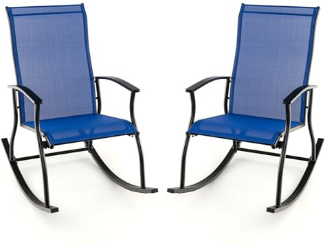 GOPLUS Schaukelstuhl Outdoor, 2er Set Gartenstuhl mit hoher Rückenlehne, Armlehnen, Balkonstuhl mit Metallrahmen bis zu 150kg, Verandaschaukelstuhl Terassenstuhl atmungsaktiv für Garten Veranda Pool