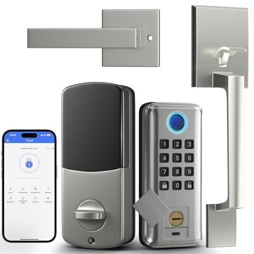 Keyless Entry Door Lock, SEVEKO Smart Locks for Front Door with Handle, Fingerprint Front Door Lock Set with App Control, Keypad Deadbolt Door Locks, Smart Lock Compatible with Alexa, Satin Nickel