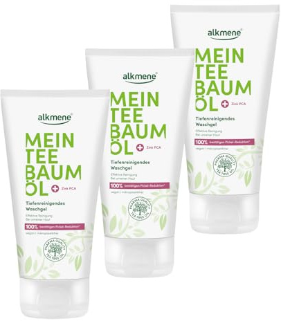 alkmene 3x tea tree-olja tvättgel oren hud 150 ml | minskning av finnar 100% bekräftad - djuprengörande Anti ansiktsrengöring vegansk - rengöringsgel ansikte