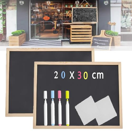 2 Stück Kreidetafel mit Holzrahmen Sets, 20 x 30cm Schiefertafel zum Beschriften mit 4 Kreidestifte für Tafel Abwaschbar und 2 Reinigungstuch, Kreidetafeln für Kinder Buffet Party Schule