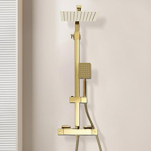 WindWilder Duschsystem mit Thermostat, Regendusche Duschset Duscharmatur Duschsäule, Messing + 304 Edelstahl, Regendusche Set Handbrause Duschset, Gold