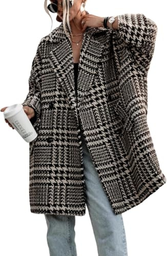 Cappotto Doppiopetto Oversize con Risvolto da Donna Giacca Scozzese Spessa Invernale alla Moda Giacca in Tweed Calda Elegante Casual da Lavoro (Beige,S)