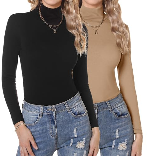 Aottori Damtröja med polokrage 2-pack polokrage bomull långärmad tröja lätt smal passform grundläggande topp eleganta andningsbara underkläder stretch termisk undertröja, Svart + khaki, XL