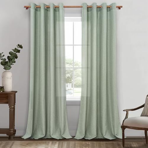 MRTREES Vorhänge mit Ösen Salbeigrün Leinenoptik Halbtransparent für Schlafzimmer 2er Set, Gardinen Schal Leinen 245 cm Lang 140 cm Breit, Vorhang Wohnzimmer Fenster Curtains Living Room